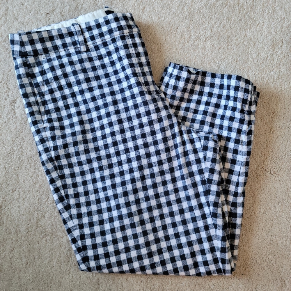 J Crew 14 Black and White Gingham Linen/Cotton Blend Crop Pants